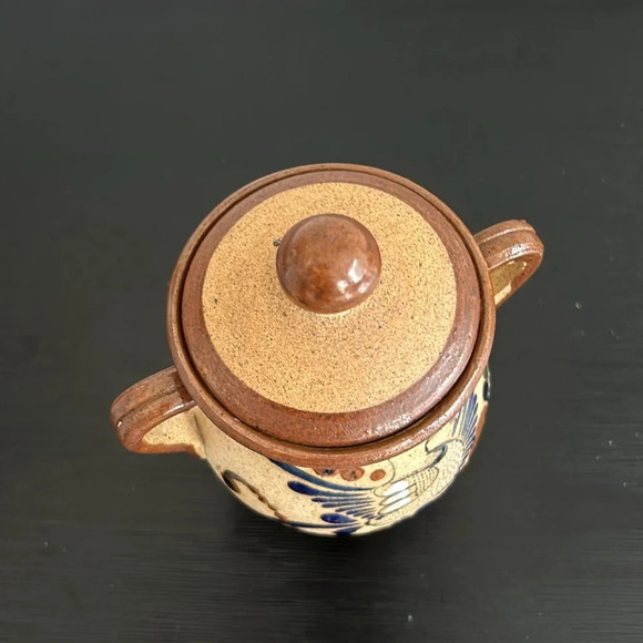 Tonala Mexican  Pottery Folk Art With Lid Double Handle Floral Bird Design - Picture 5 of 14